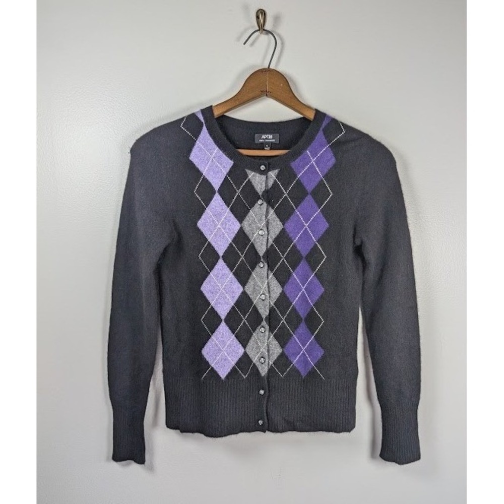 Vintage Apt. 9 100% Cashmere Cardigan Sweater Women's Size Small Argyle Academia